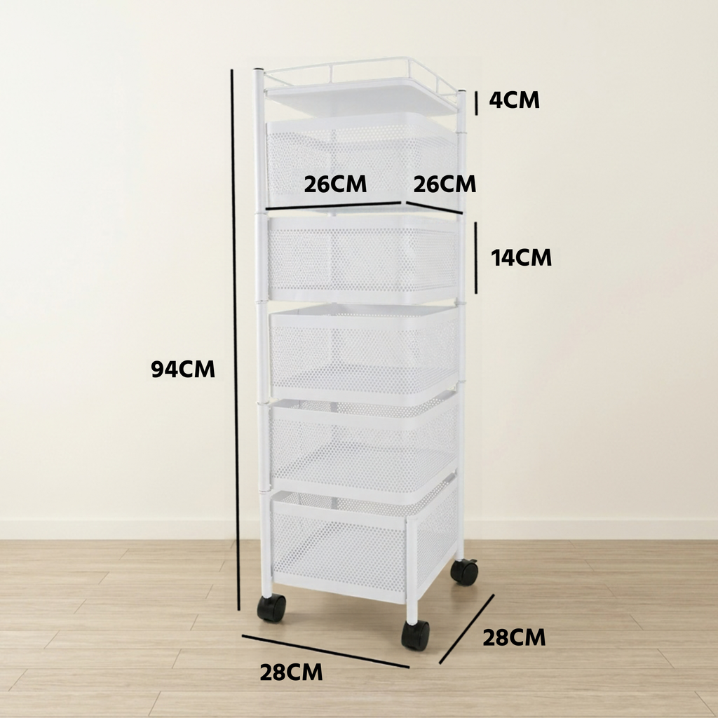 FINGEY Multi-Layer Rotatable Storage Rack, 5-Tier Kitchen Organizer with Removable Vegetable Baskets, Rolling Storage Cart Trolley for Kitchen, Bathroom and Household Storage