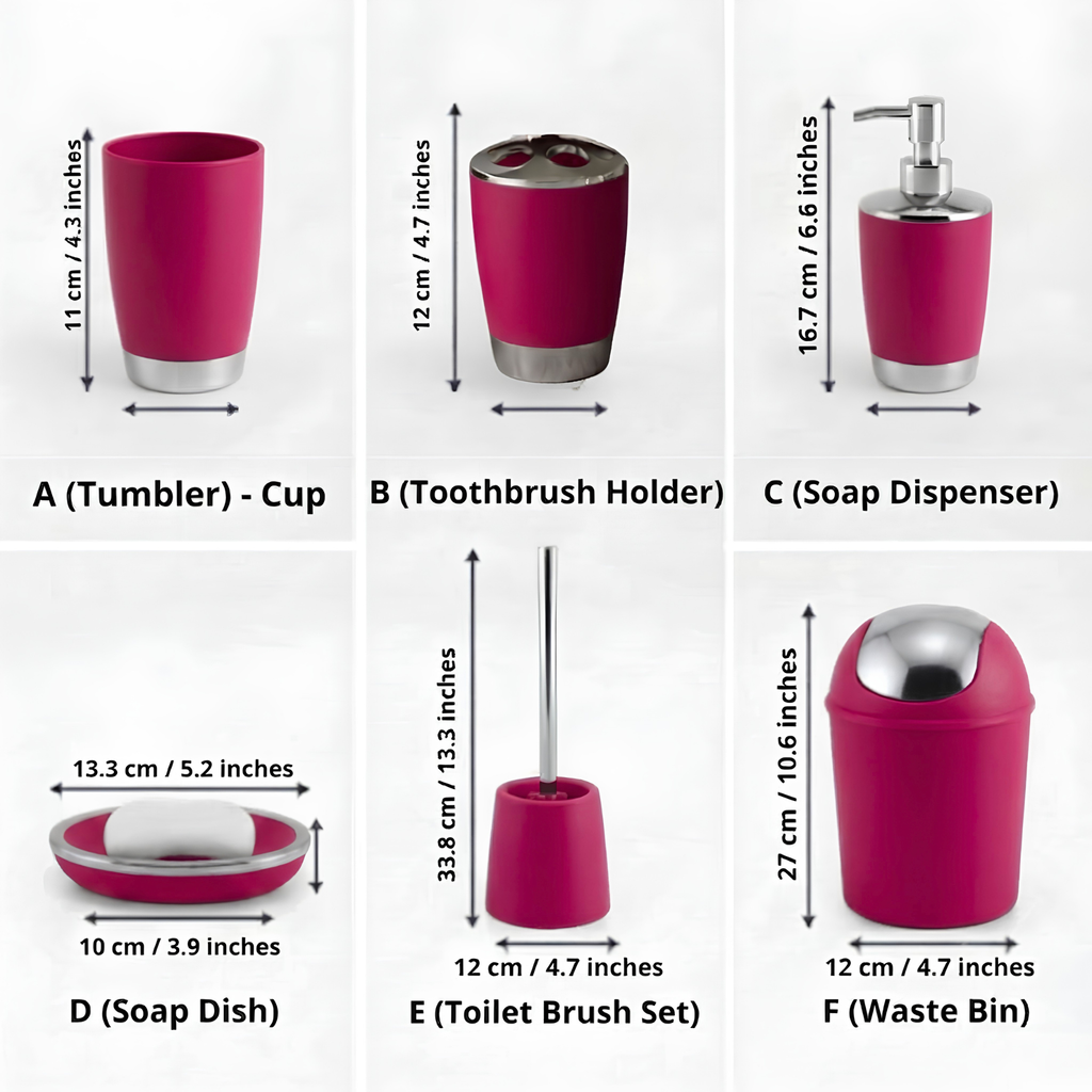 Bathlux Modern Design 6 Piece Bathroom Accessory Set, Toilet Brush, Waste Bin, Soap Dish, Tooth Brush Holder Soap Dispenser, Rinse Cup (Dark Pink)
