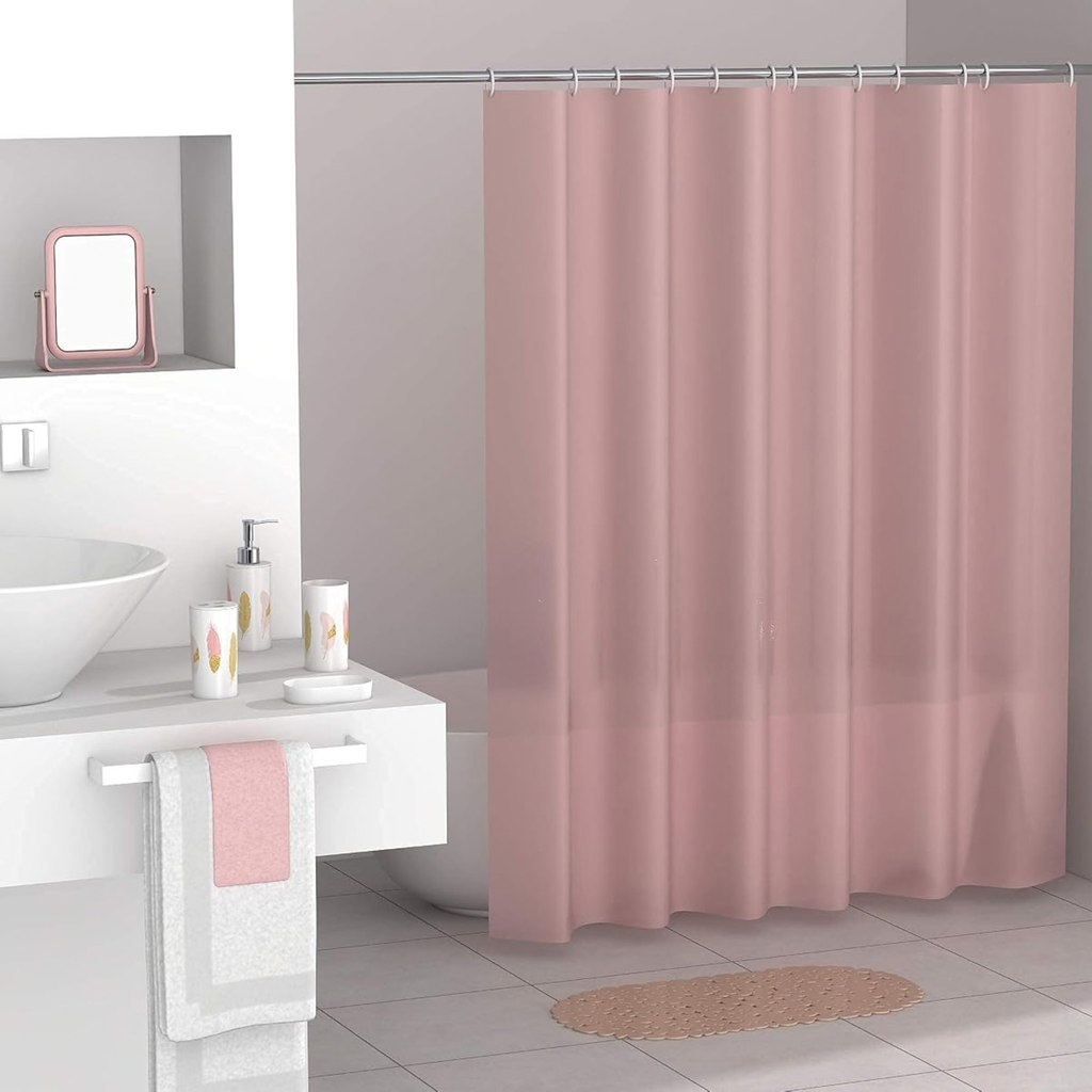 Modern Design 7 Piece Plastic Bathroom Accessory Set, Soap Dish, Tooth Brush Holder, Soap Dispenser, Tumbler, Shower Curtain, Curtain Rings and Bathmat (Pink)