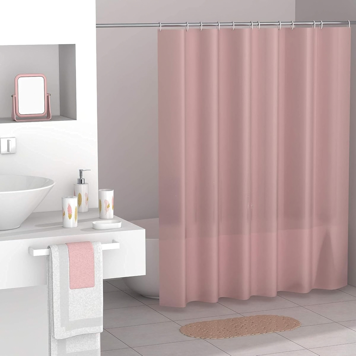Modern Design 7 Piece Plastic Bathroom Accessory Set, Soap Dish, Tooth Brush Holder, Soap Dispenser, Tumbler, Shower Curtain, Curtain Rings and Bathmat (Pink)