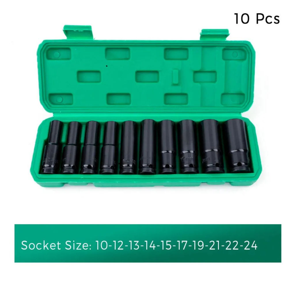 Fingey 10-Piece Deep Impact Socket Set, 1/2 Inch Drive Metric Long Hex Sockets, 8–19 mm, High-Carbon Steel Socket Set with Storage Case for Automotive Maintenance and Mechanical Repairs