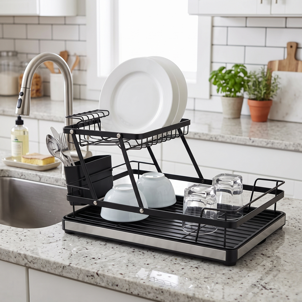Fingey 2 Tier Folding Dish Drying Rack with Removable Drip Tray, Black Metal Plate Drainer with Cutlery Holder, Space-Saving Foldable Kitchen Dish Rack for Plates, Bowls, Cups and Glasses