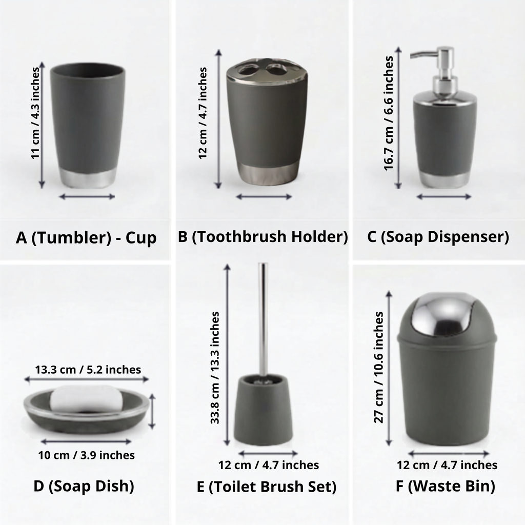 Bathlux Modern Design 6 Piece Bathroom Accessory Set, Toilet Brush, Waste Bin, Soap Dish, Tooth Brush Holder Soap Dispenser, Rinse Cup (Grey)