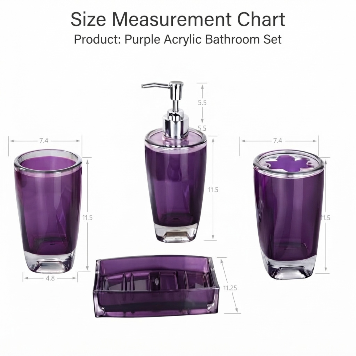 Modern Design 4 Piece Bathroom Accessory Set, Soap Dish, Tooth Brush Holder, Soap Dispenser, Rinse Cup (Purple)