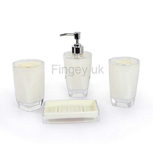Fingey Modern Design 4 Piece Bathroom Accessory Set, Soap Dish, Tooth Brush Holder, Soap Dispenser, Rinse Cup (White)