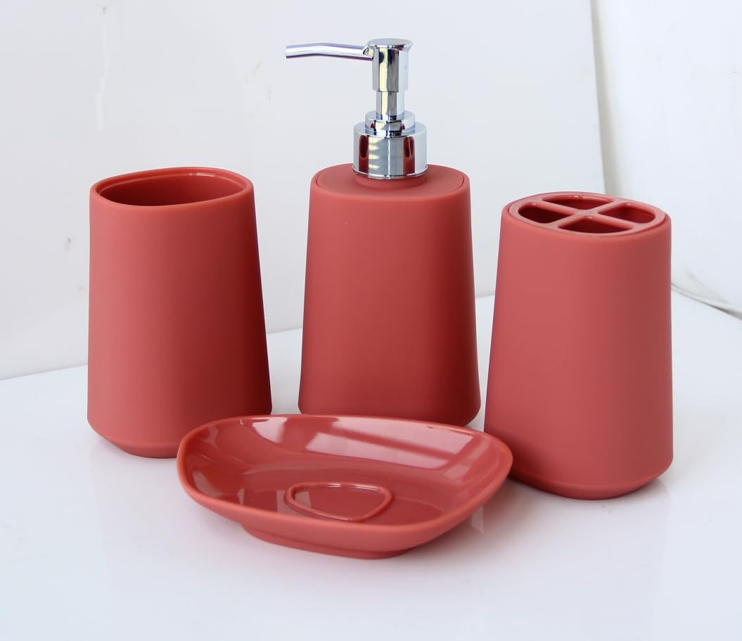 Fingey Modern Design 4 Piece Bathroom Accessory Set, Soap Dish, Tooth Brush Holder, Soap Dispenser, Rinse Cup (White)