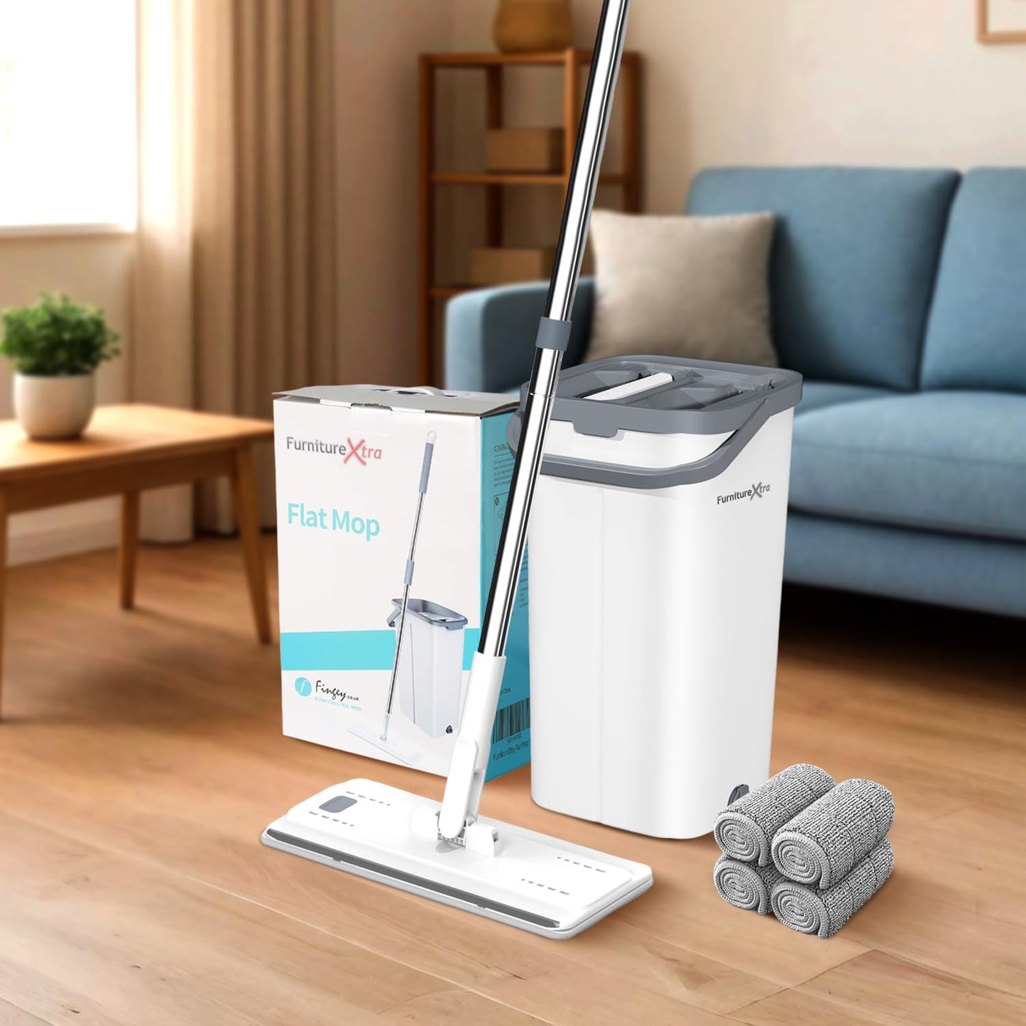 FurnitureXtra Mop and Bucket Set. Microfibre Flat Mop for Wet & Dry with Stainless Steel Handle, Twin Chamber Bucket Suitable for All Floor