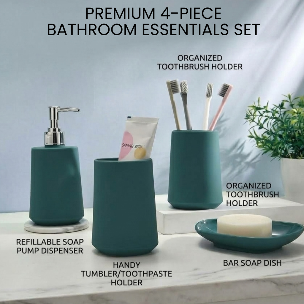 Modern Design 4 Piece Bathroom Accessory Set, Soap Dish, Tooth Brush Holder, Soap Dispenser, Rinse Cup (Teal)