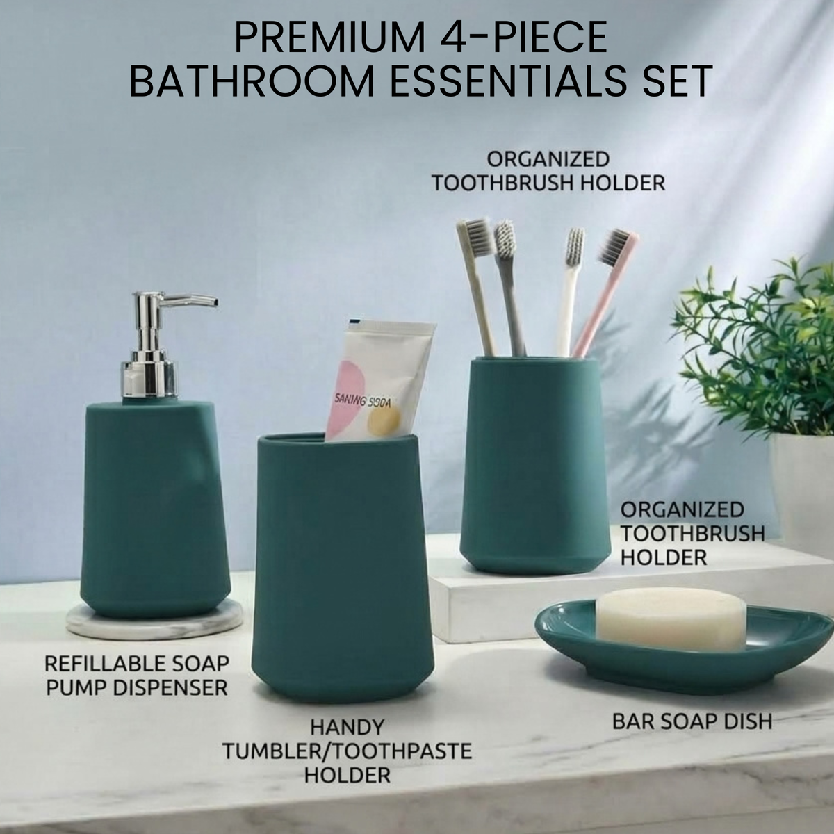 Modern Design 4 Piece Bathroom Accessory Set, Soap Dish, Tooth Brush Holder, Soap Dispenser, Rinse Cup (Teal)