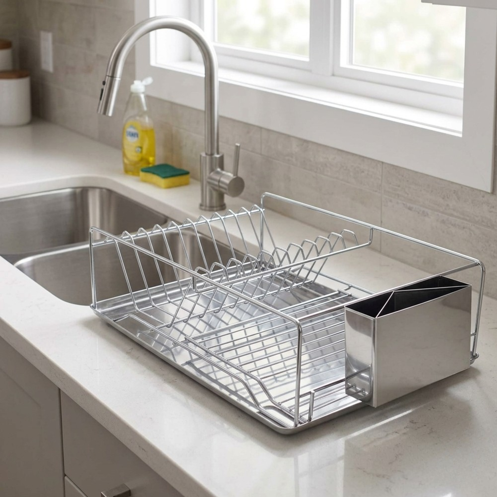 Stainless Rectangular Steel Dish Drainer with Drip Tray and Cutlery Holder(Rectangular with Tray)