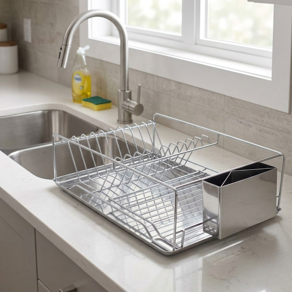 Stainless Rectangular Steel Dish Drainer with Drip Tray and Cutlery Holder(Rectangular with Tray)
