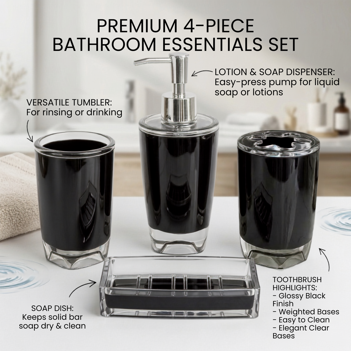 Modern Design 4 Piece Bathroom Accessory Set, Soap Dish, Tooth Brush Holder, Soap Dispenser, Rinse Cup (Black)