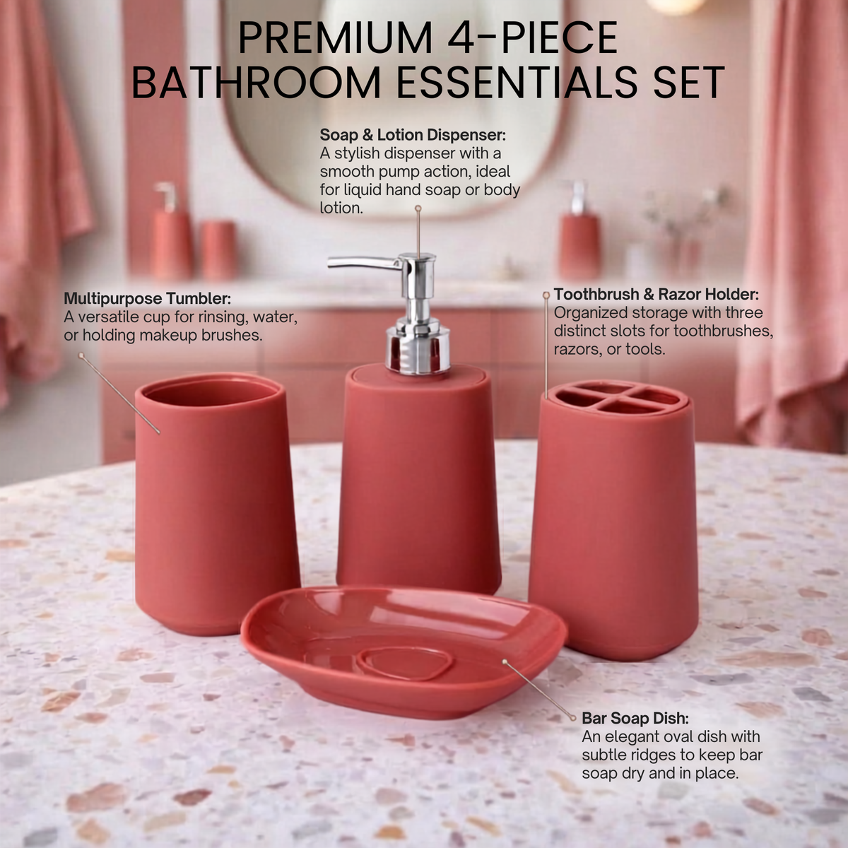 Modern Design 4 Piece Bathroom Accessory Set, Soap Dish, Tooth Brush Holder, Soap Dispenser, Rinse Cup (Dark Pink)