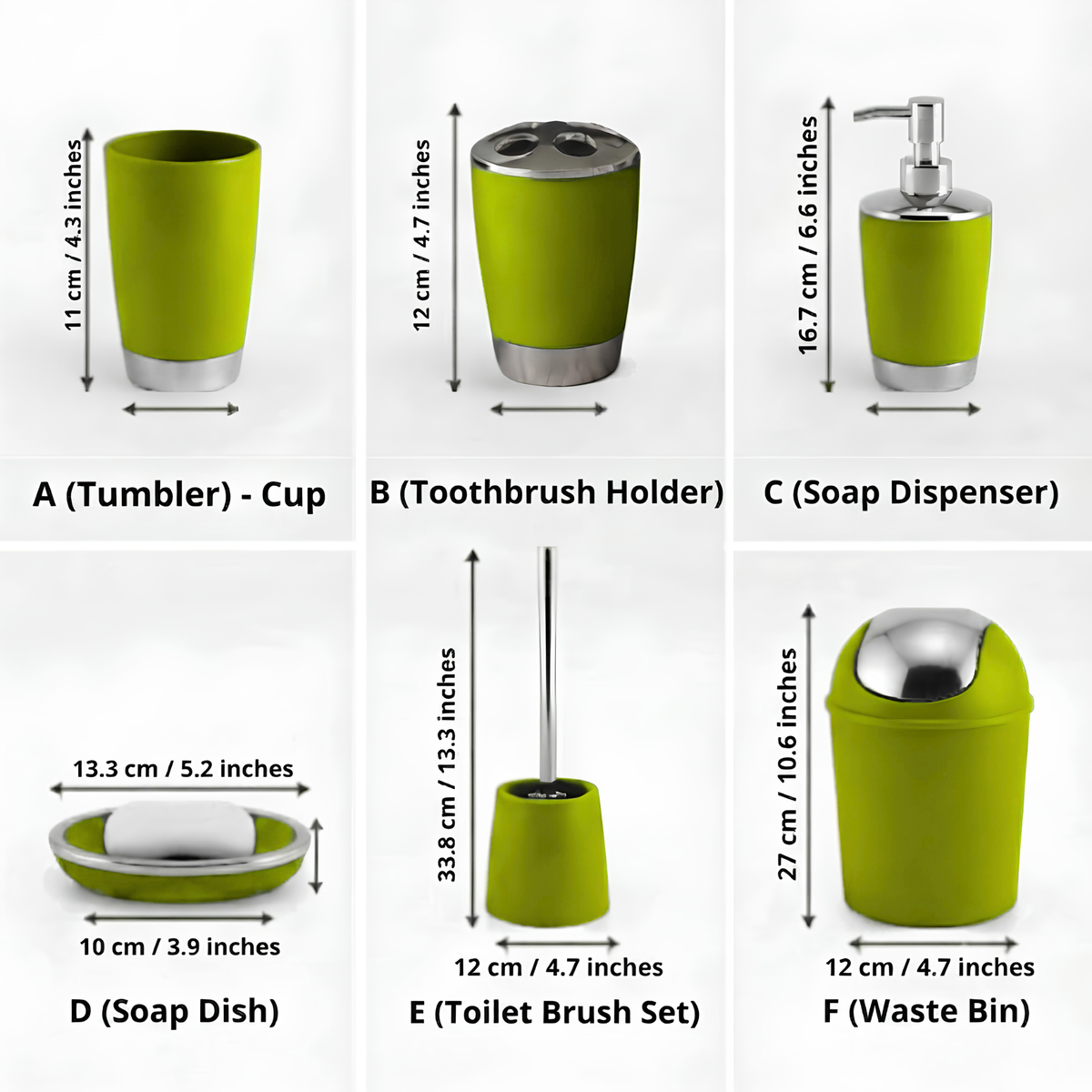 Bathlux Modern Design 6 Piece Bathroom Accessory Set, Toilet Brush, Waste Bin, Soap Dish, Tooth Brush Holder Soap Dispenser, Rinse Cup (Green)