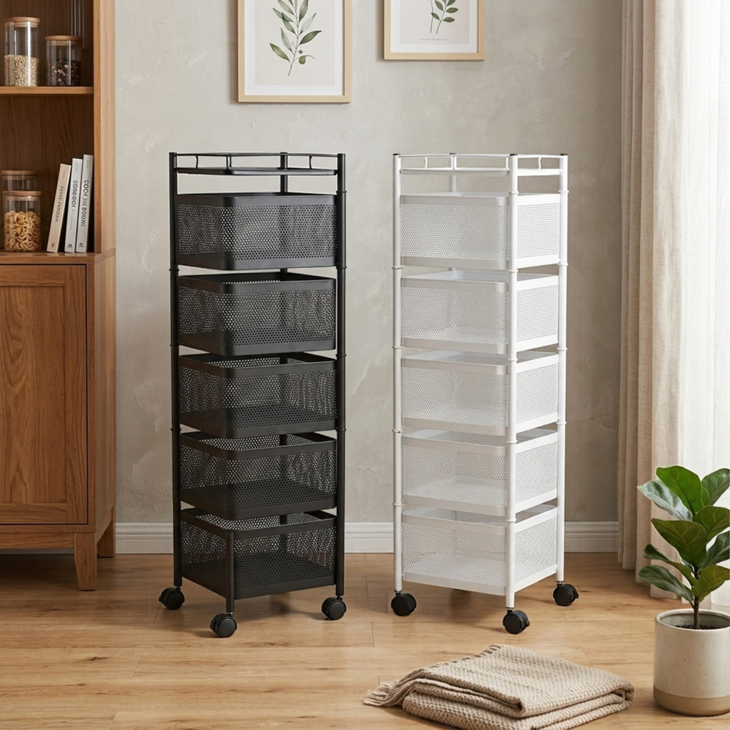 FINGEY Multi-Layer Rotatable Storage Rack, 5-Tier Kitchen Organizer with Removable Vegetable Baskets, Rolling Storage Cart Trolley for Kitchen, Bathroom and Household Storage