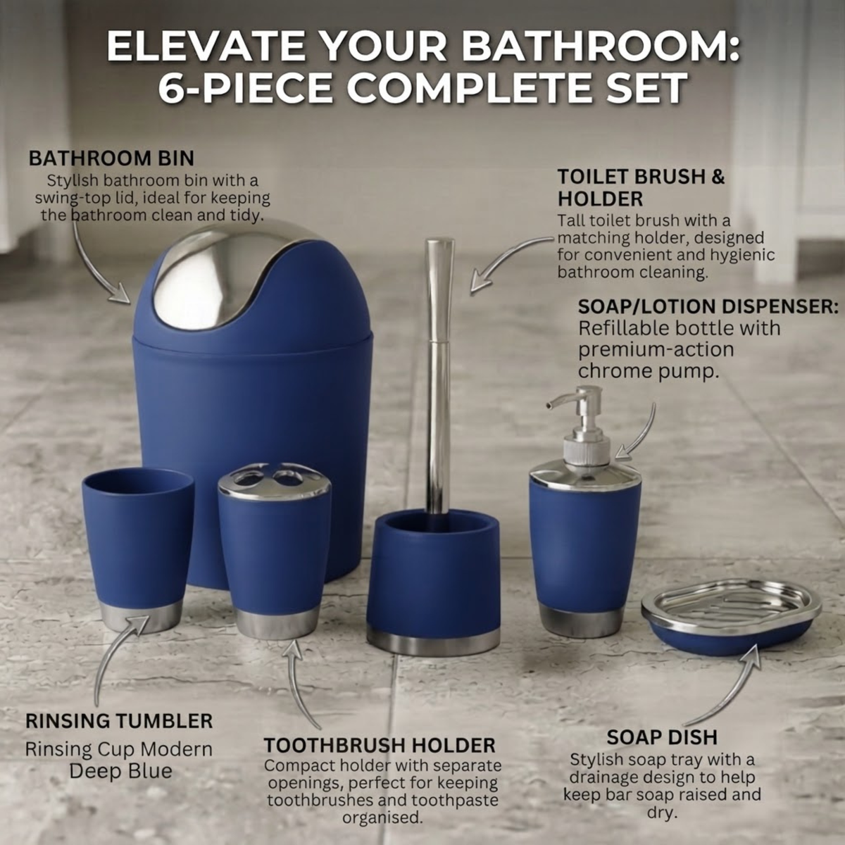 Bathlux Modern Design 6 Piece Bathroom Accessory Set, Toilet Brush, Waste Bin, Soap Dish, Tooth Brush Holder Soap Dispenser, Rinse Cup (Blue)