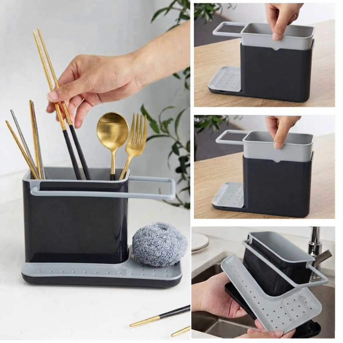 Fingey Premium Sink Caddy with Towel Holder, Removable Drain Tray, Drainage Holes, Kitchen Sink Organiser for Sponge, Dishcloth and Cleaning Accessories, 21 x 11 x 13.5 cm