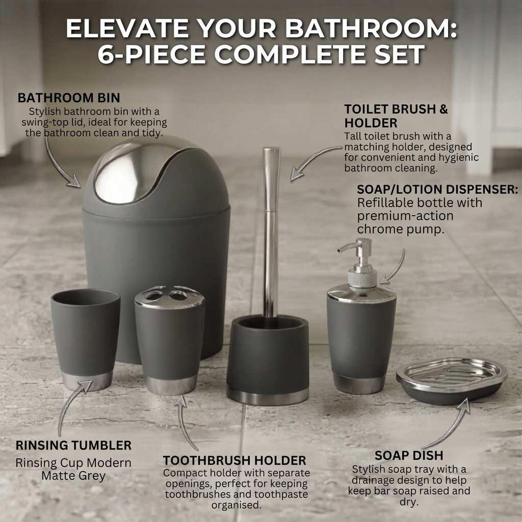 Bathlux Modern Design 6 Piece Bathroom Accessory Set, Toilet Brush, Waste Bin, Soap Dish, Tooth Brush Holder Soap Dispenser, Rinse Cup (Grey)