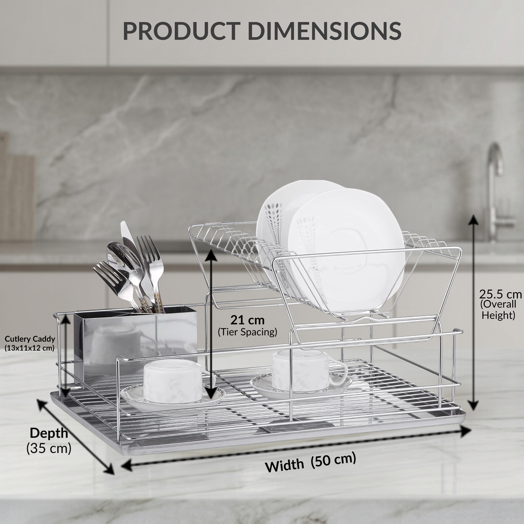 Stainless Steel Dish Drainer with Drip Tray and Cutlery Holder (2 Tier Steel)