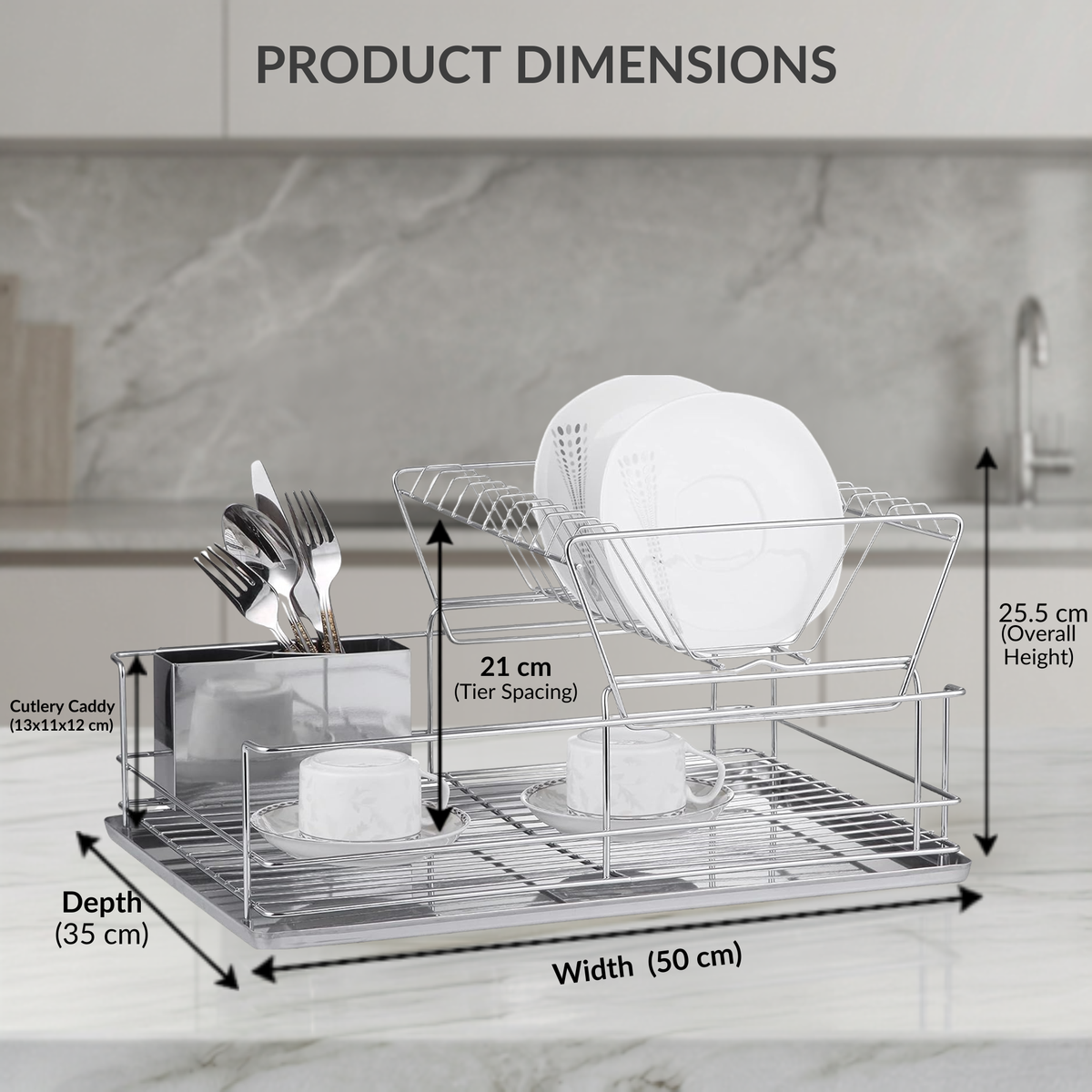 Stainless Steel Dish Drainer with Drip Tray and Cutlery Holder (2 Tier Steel)