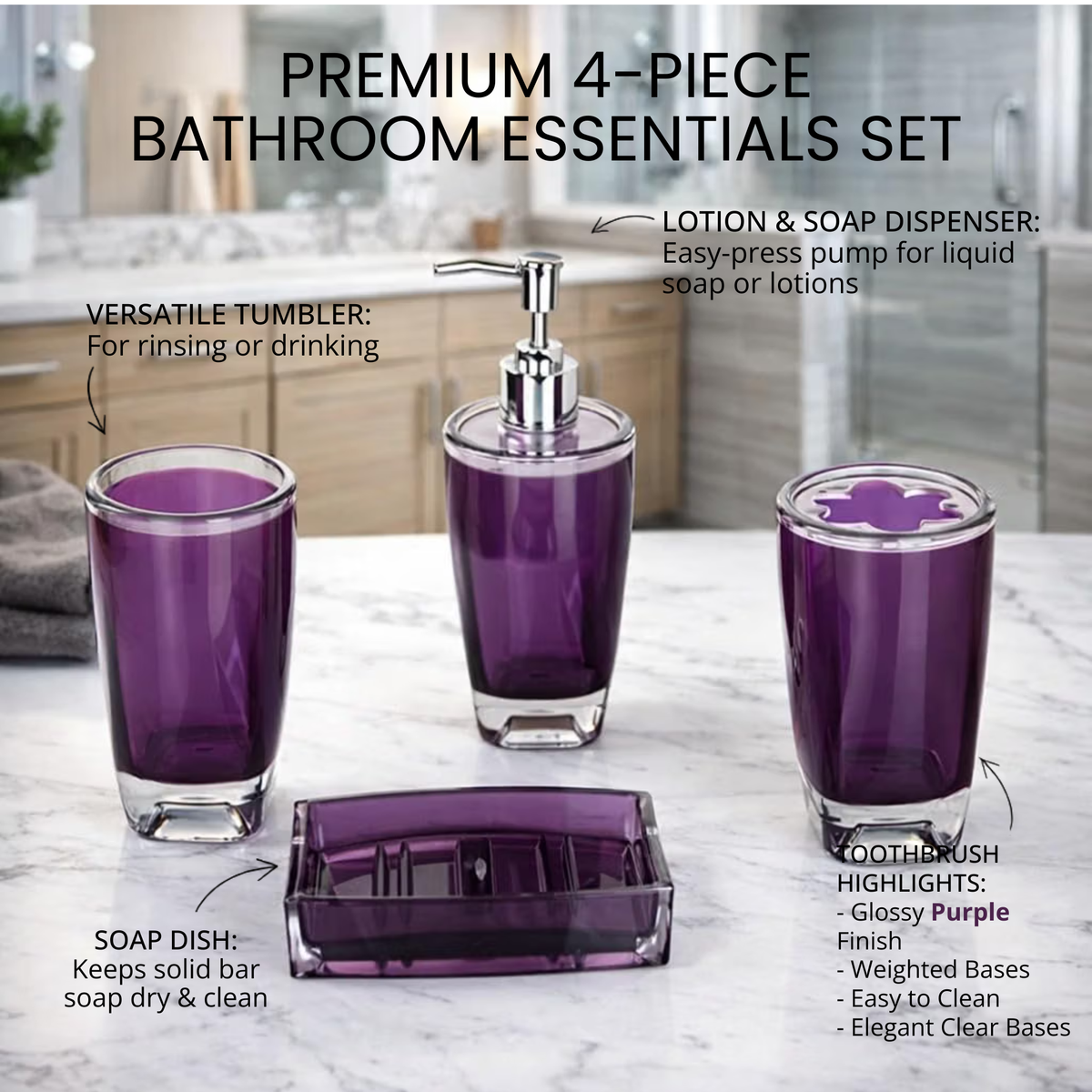 Modern Design 4 Piece Bathroom Accessory Set, Soap Dish, Tooth Brush Holder, Soap Dispenser, Rinse Cup (Purple)