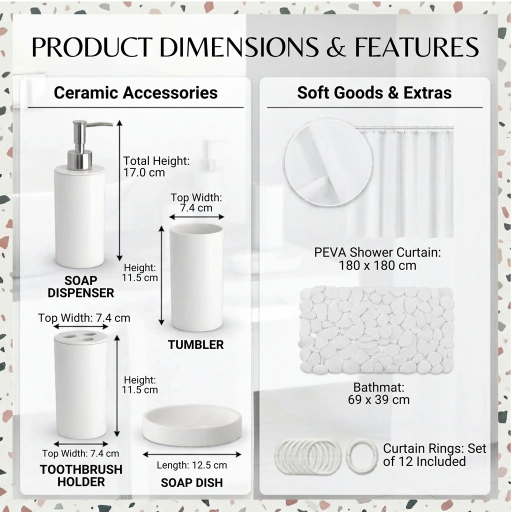 Modern Design 7 Piece Plastic Bathroom Accessory Set, Soap Dish, Tooth Brush Holder, Soap Dispenser, Tumbler, Shower Curtain, Curtain Rings and Bathmat (White)