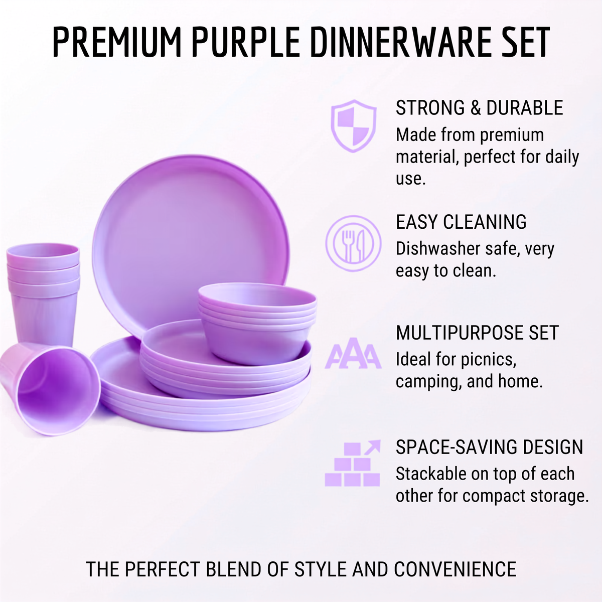 Plastic Dinnerware Set of 16 Pieces, Reusable Light Weight Plates Mugs Bowls Dishes Microwave Safe BPA Free Dishwasher Safe Service for 4 (Purple)