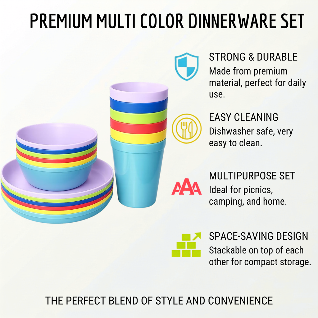 Plastic Dinnerware Set of 18 Pieces, Reusable Light Weight Plates Mugs Bowls Dishes Microwave Safe BPA Free Dishwasher Safe Service for 6 (Multi 18 Piece)