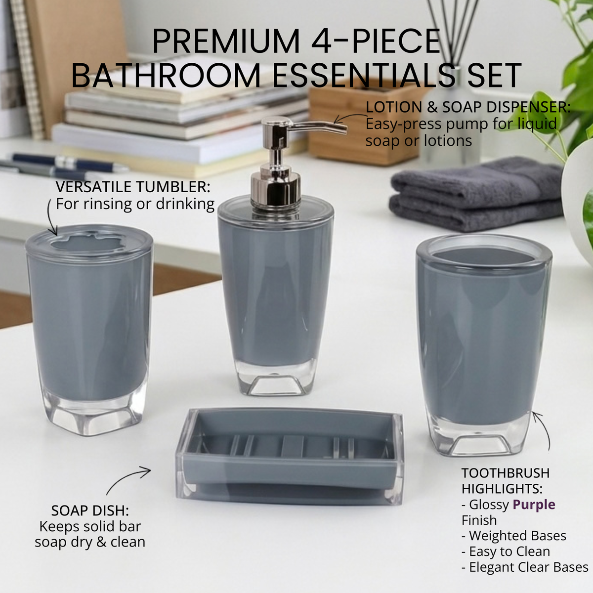 Modern Design 4 Piece Bathroom Accessory Set, Soap Dish, Tooth Brush Holder, Soap Dispenser, Rinse Cup (Grey)
