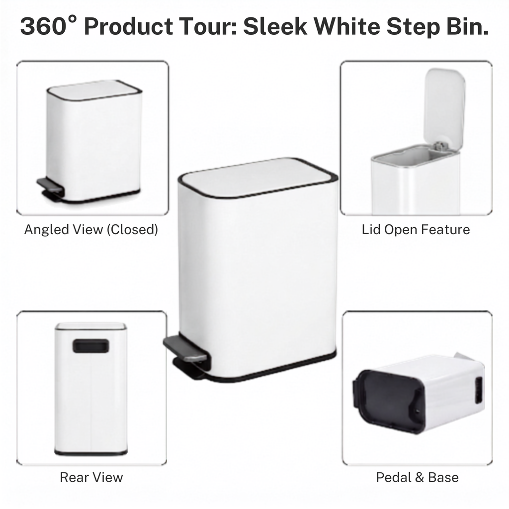 Slim Design Powder Coated Soft Close Pedal Bin, Plastic Inner bucket, ABS lid (White, 5L)