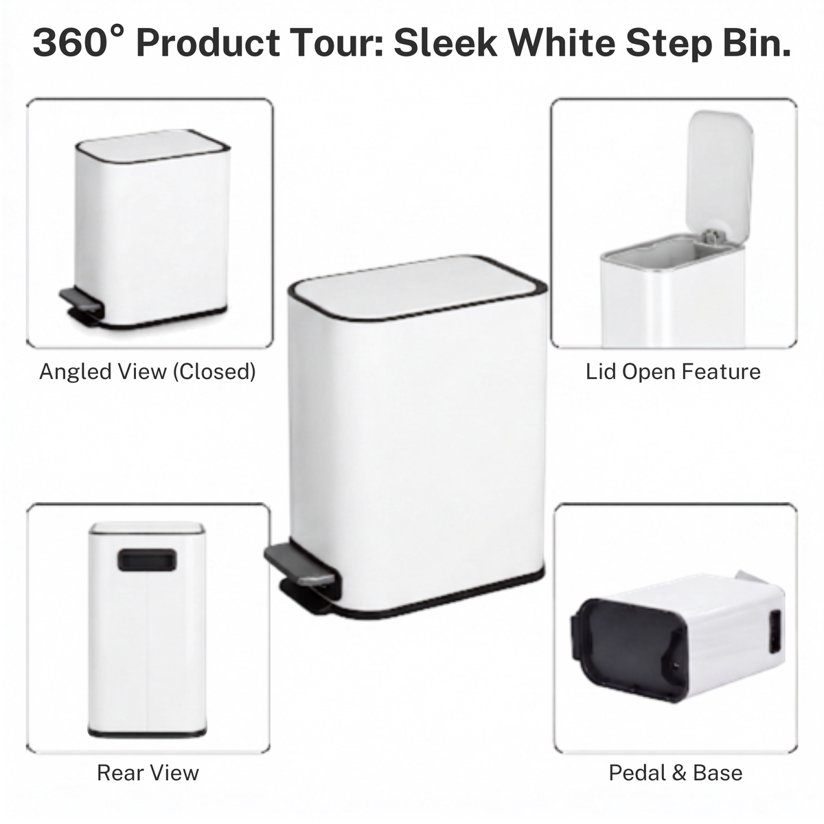 Slim Design Powder Coated Soft Close Pedal Bin, Plastic Inner bucket, ABS lid (White, 5L)