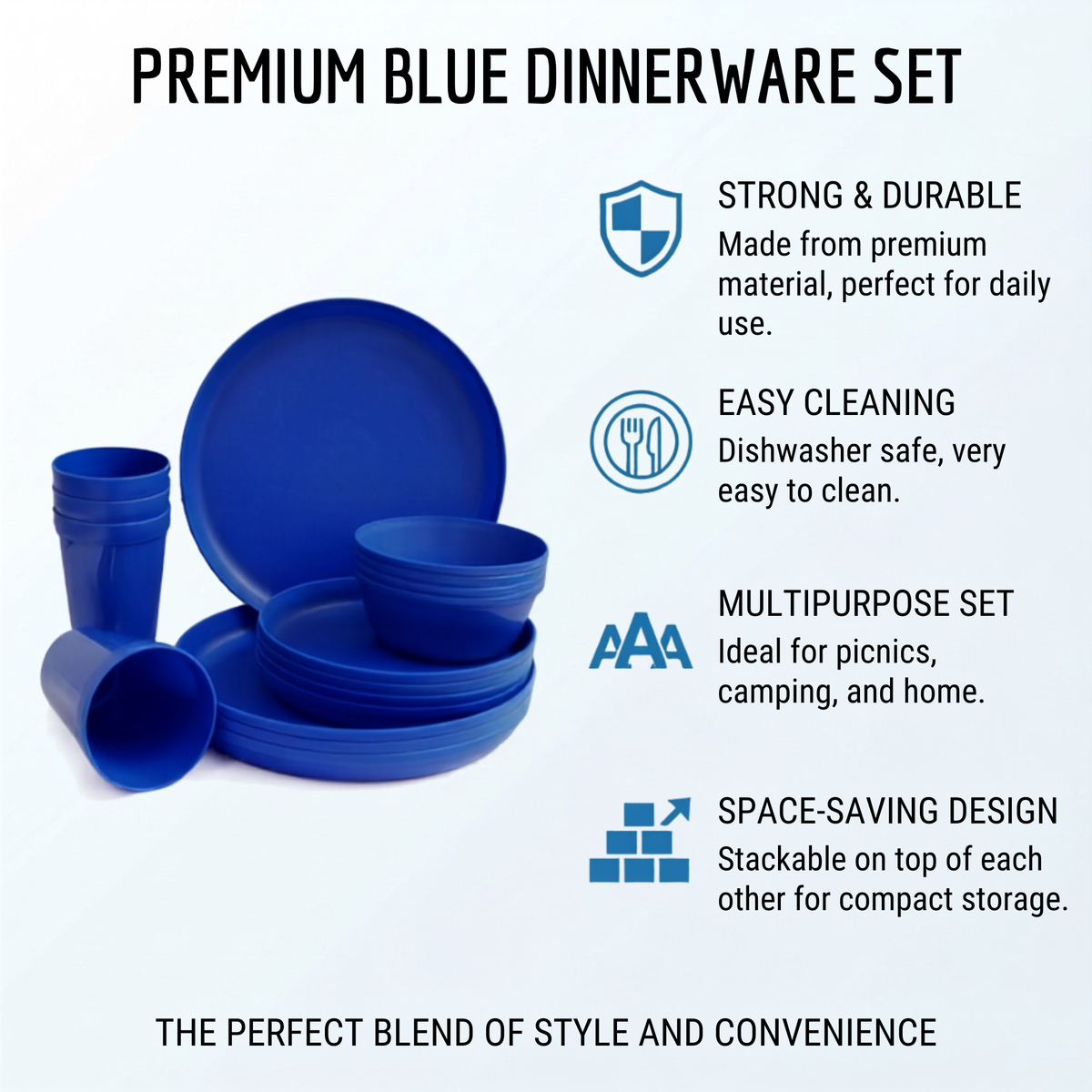 Plastic Dinnerware Set of 16 Pieces, Reusable Light Weight Plates Mugs Bowls Dishes Microwave Safe BPA Free Dishwasher Safe Service for 4 (Blue)