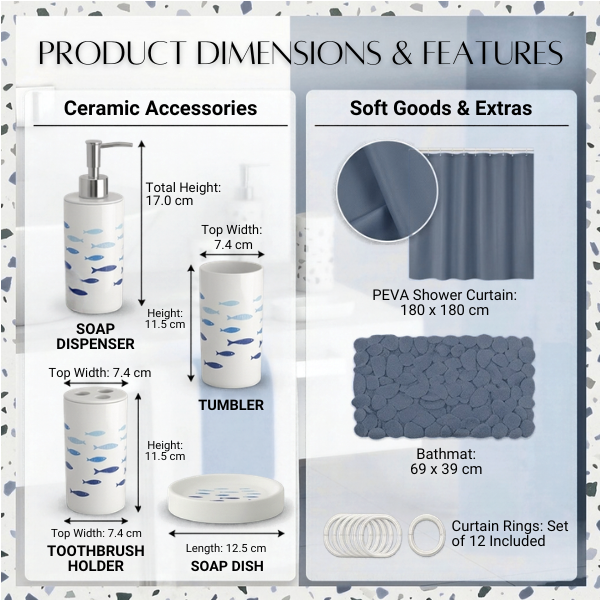 Modern Design 7 Piece Plastic Bathroom Accessory Set, Soap Dish, Tooth Brush Holder, Soap Dispenser, Tumbler, Shower Curtain, Curtain Rings and Bathmat (Blue)