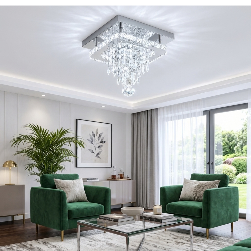 Fingey Crystal Flush Mount Ceiling Light, 25 × 25 cm Square Chrome Finish Ceiling Lamp with K9 Crystal Drops and Faceted Crystal Sphere