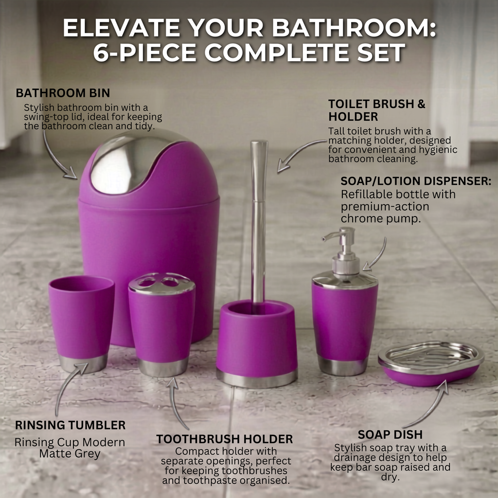 Bathlux Modern Design 6 Piece Bathroom Accessory Set, Toilet Brush, Waste Bin, Soap Dish, Tooth Brush Holder Soap Dispenser, Rinse Cup (Purple)