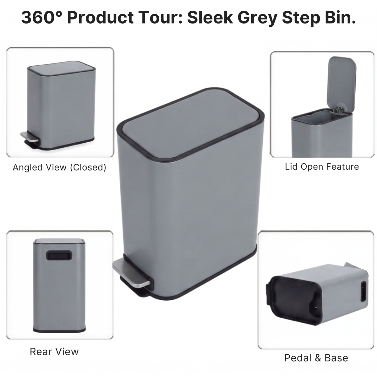Slim Design Powder Coated Soft Close Pedal Bin, Plastic Inner bucket, ABS lid (Grey, 5L)