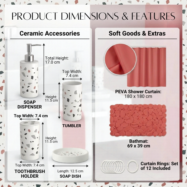 Modern Design 7 Piece Plastic Bathroom Accessory Set, Soap Dish, Tooth Brush Holder, Soap Dispenser, Tumbler, Shower Curtain, Curtain Rings and Bathmat (Red)