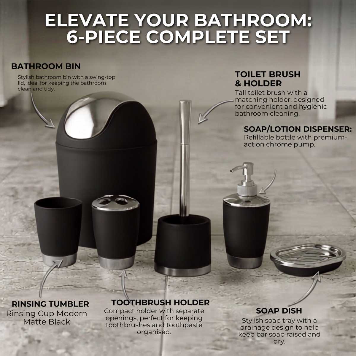 Bathlux Modern Design 6 Piece Bathroom Accessory Set, Toilet Brush, Waste Bin, Soap Dish, Tooth Brush Holder Soap Dispenser, Rinse Cup (Black)