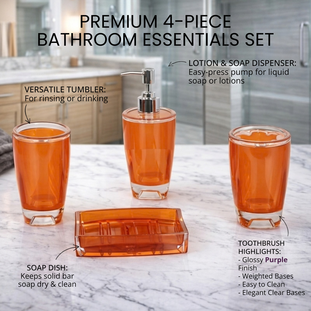 Modern Design 4 Piece Bathroom Accessory Set, Soap Dish, Tooth Brush Holder, Soap Dispenser, Rinse Cup (Orange)