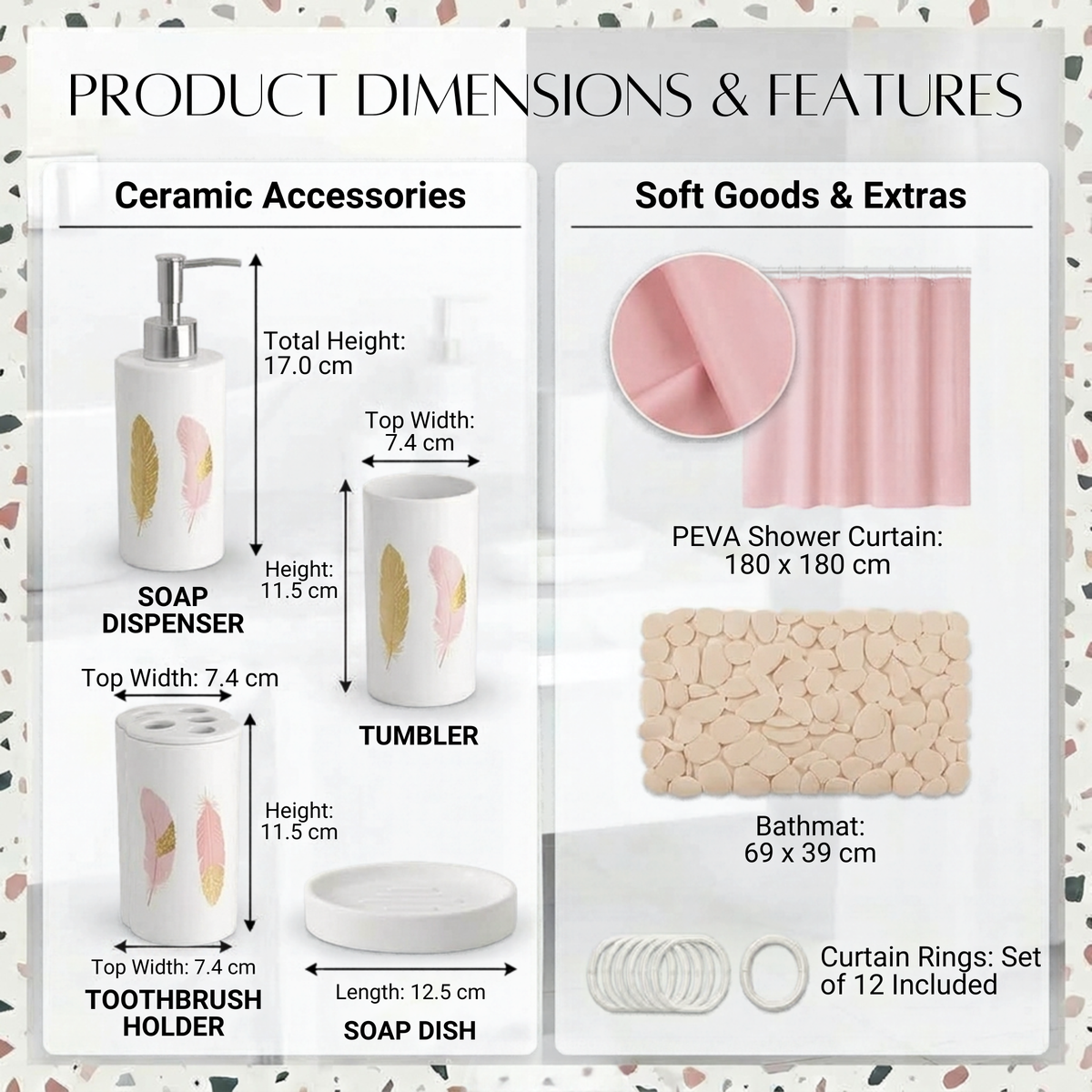 Modern Design 7 Piece Plastic Bathroom Accessory Set, Soap Dish, Tooth Brush Holder, Soap Dispenser, Tumbler, Shower Curtain, Curtain Rings and Bathmat (Pink)
