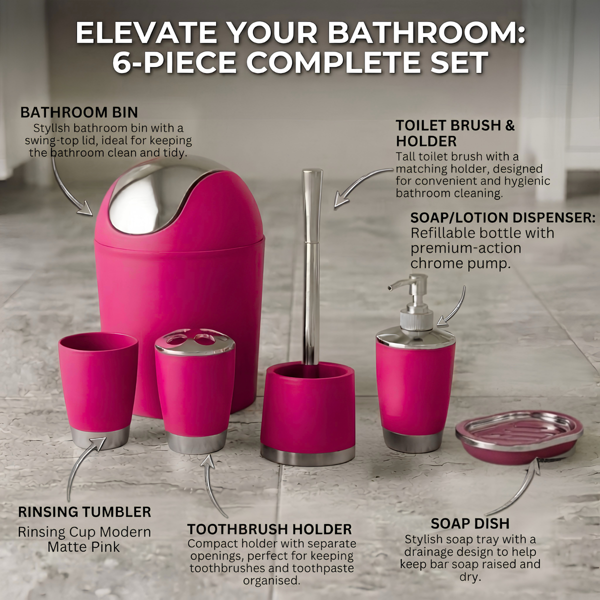 Bathlux Modern Design 6 Piece Bathroom Accessory Set, Toilet Brush, Waste Bin, Soap Dish, Tooth Brush Holder Soap Dispenser, Rinse Cup (Dark Pink)