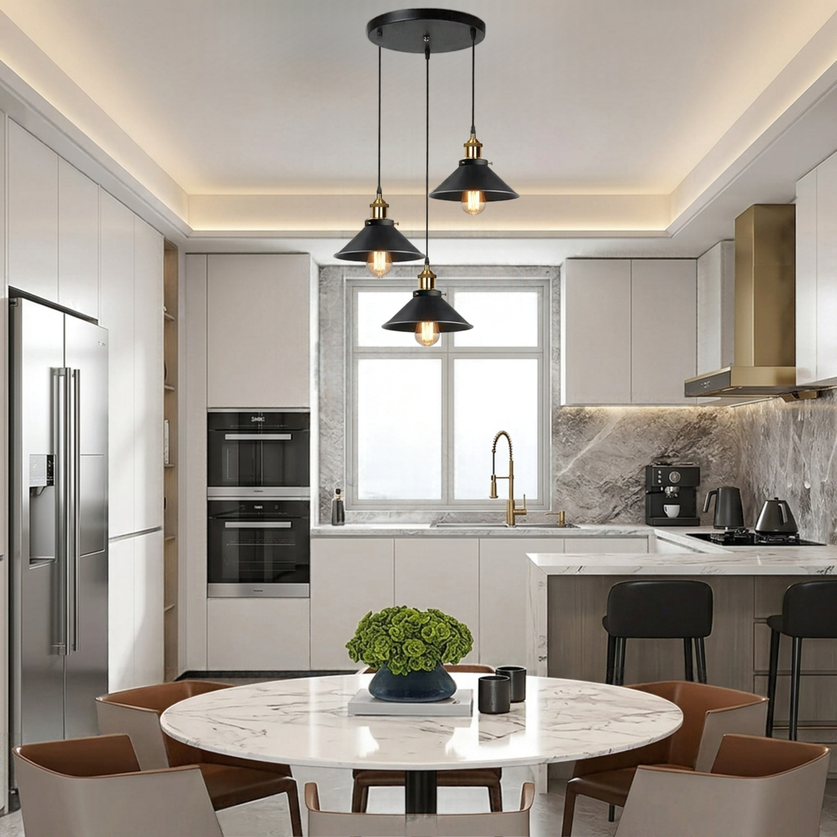 Fingey Set of 3 Industrial Ceiling Pendant Lights, Black Metal Cone Shades with Brass Gold Fittings, Adjustable Hanging Chandelier for Kitchen Island, Dining Room, Living Room, Bedroom, 22cm Shade