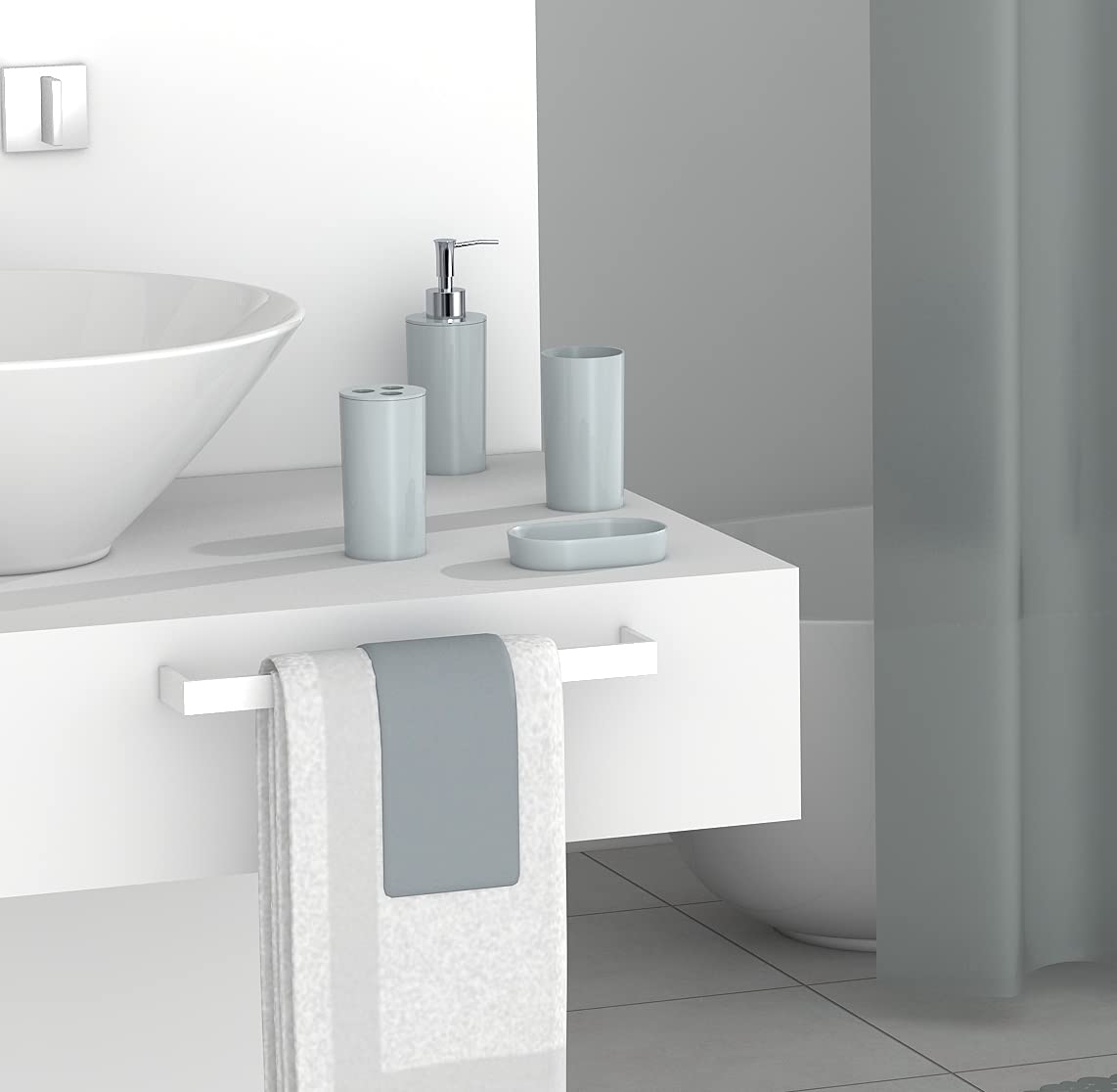 FurnitureXtra Modern Design 7 Piece Plastic Bathroom Accessory Set, Soap Dish, Tooth Brush Holder, Soap Dispenser, Tumbler, Shower Curtain, Curtain Rings and Bathmat