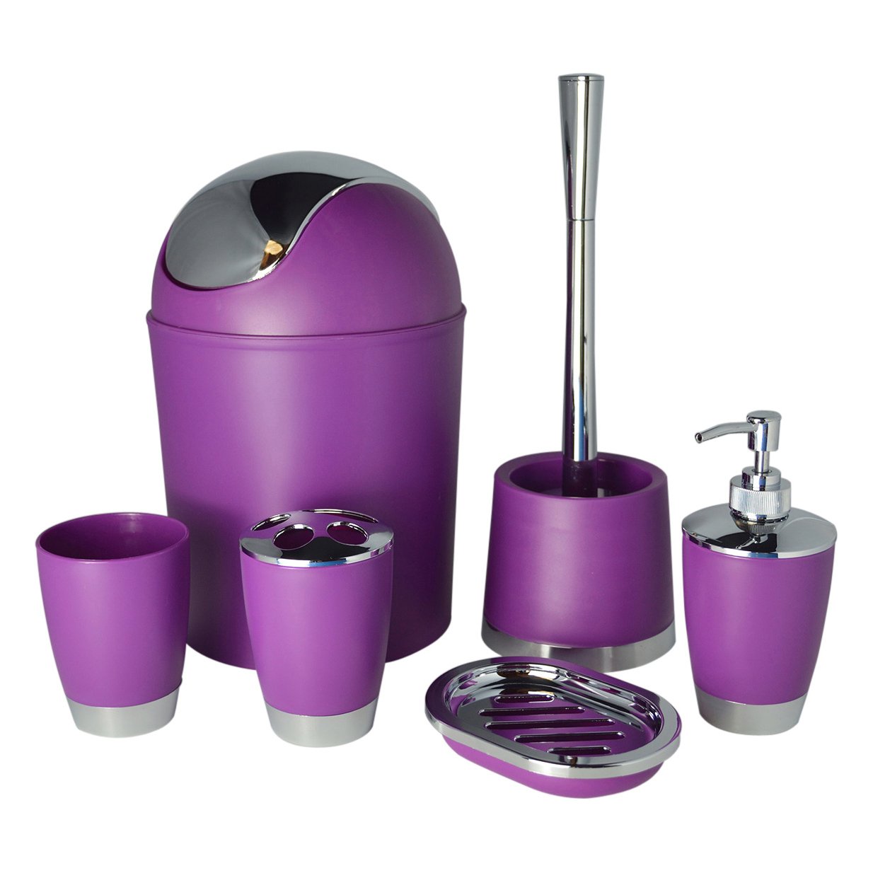 Modern 6-Piece Bathroom Accessory Set – Toilet Brush, Waste Bin, Soap Dish, Toothbrush Holder, Soap Dispenser & Rinse Cup
