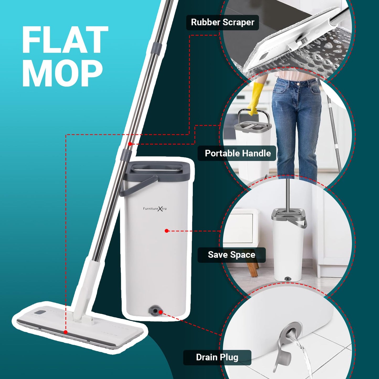 FurnitureXtra Mop and Bucket Set. Microfibre Flat Mop for Wet & Dry with Stainless Steel Handle, Twin Chamber Bucket Suitable for All Floor