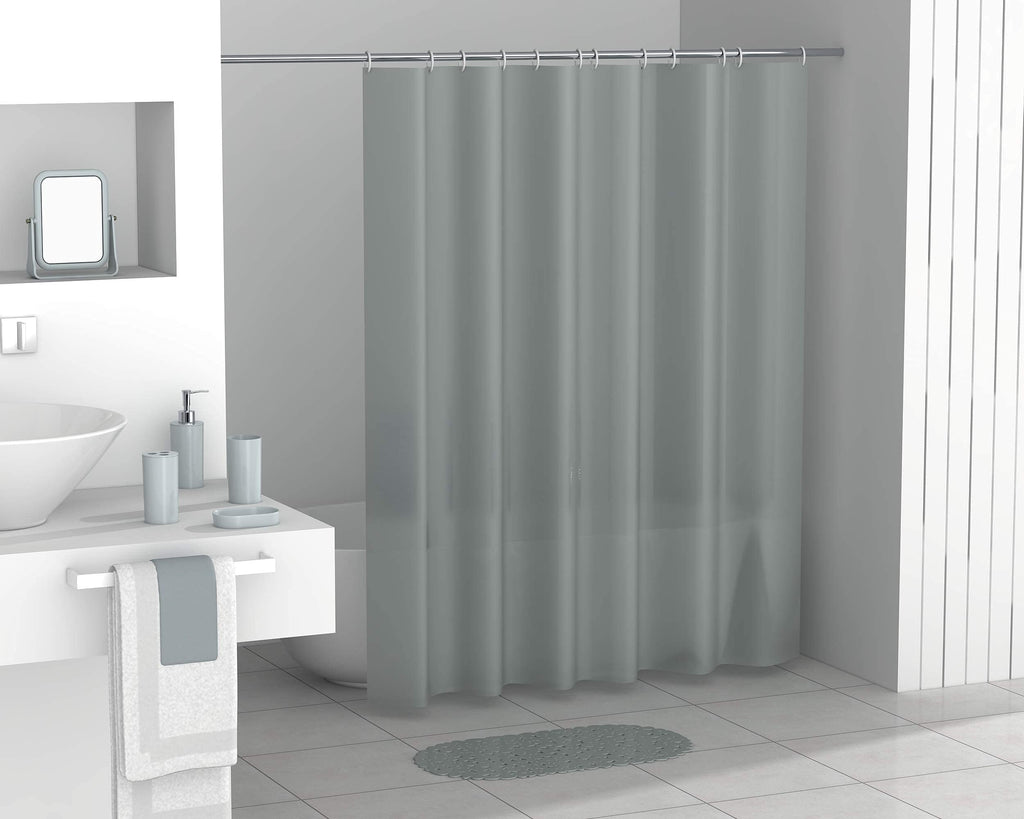 Modern 7-Piece Plastic Bathroom Accessory Set – Soap Dish, Toothbrush Holder, Soap Dispenser, Tumbler, Shower Curtain, Curtain Rings & Bathmat