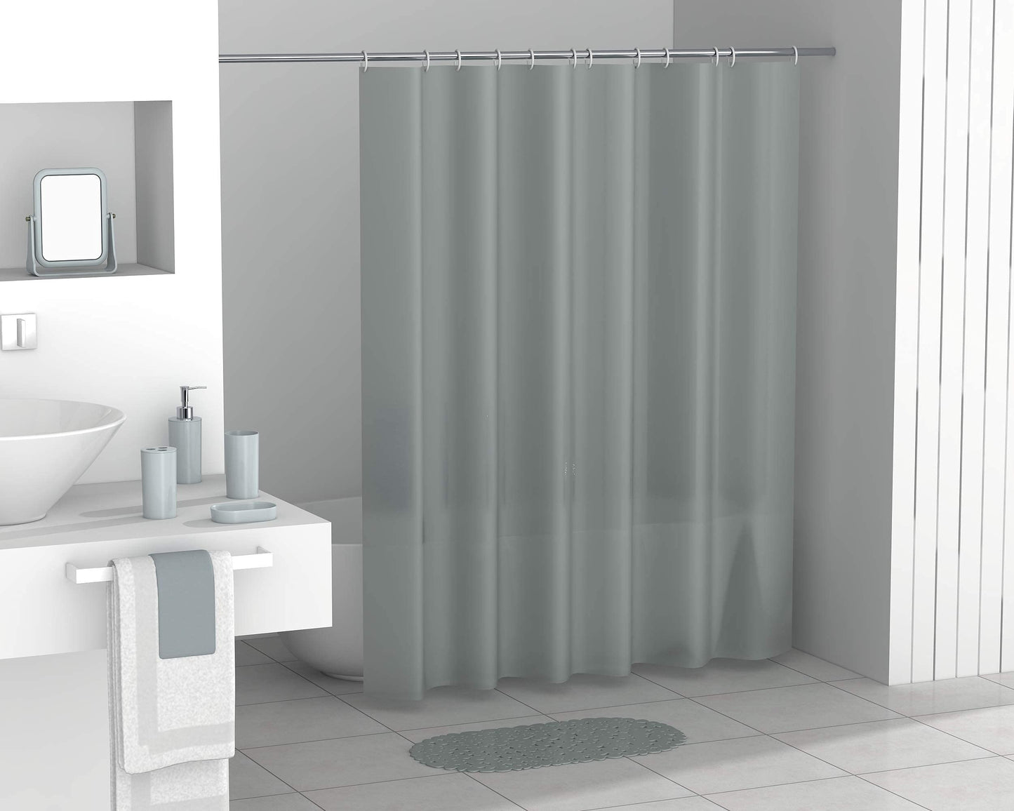 FurnitureXtra Modern Design 7 Piece Plastic Bathroom Accessory Set, Soap Dish, Tooth Brush Holder, Soap Dispenser, Tumbler, Shower Curtain, Curtain Rings and Bathmat