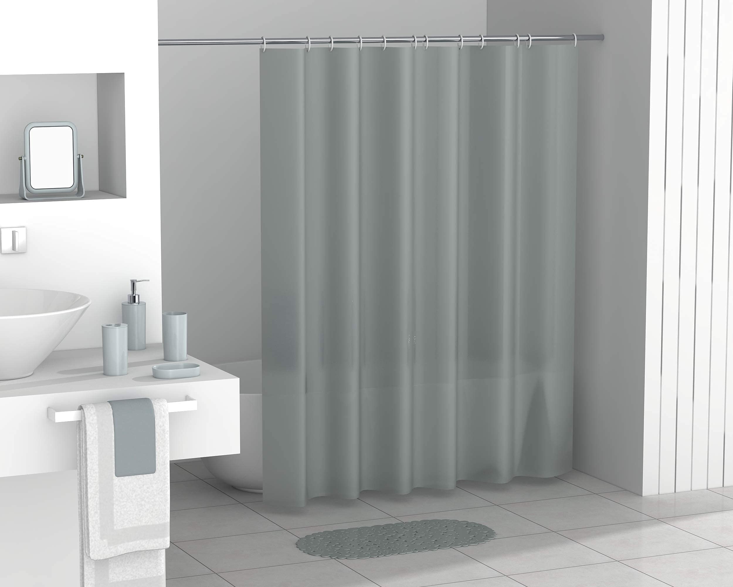 Modern 7-Piece Plastic Bathroom Accessory Set – Soap Dish, Toothbrush Holder, Soap Dispenser, Tumbler, Shower Curtain, Curtain Rings & Bathmat