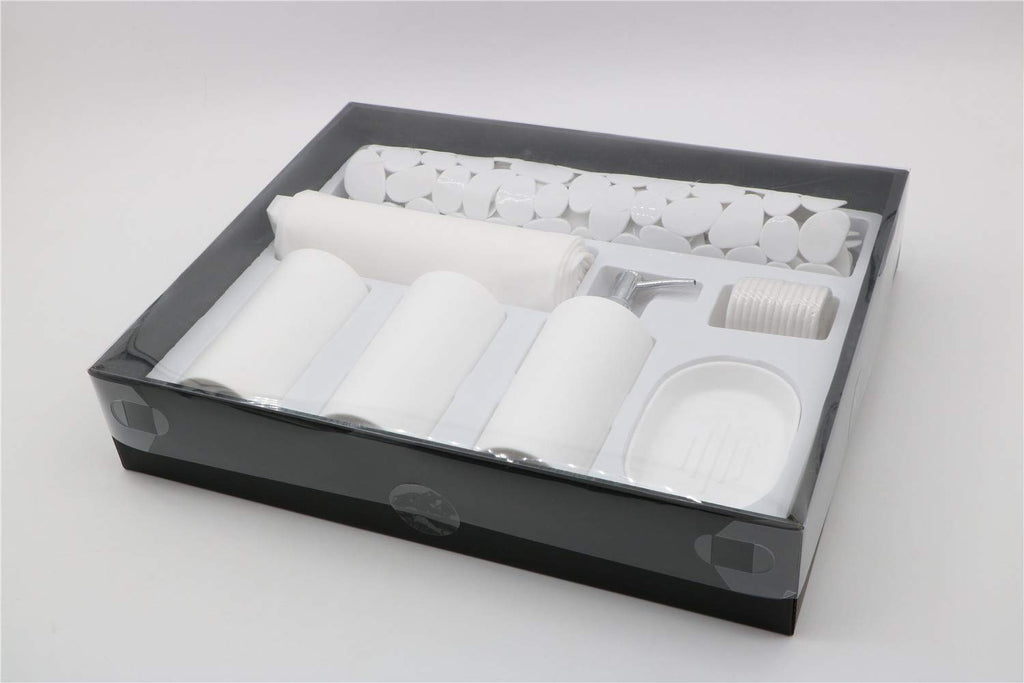 Modern 7-Piece Plastic Bathroom Accessory Set – Soap Dish, Toothbrush Holder, Soap Dispenser, Tumbler, Shower Curtain, Curtain Rings & Bathmat