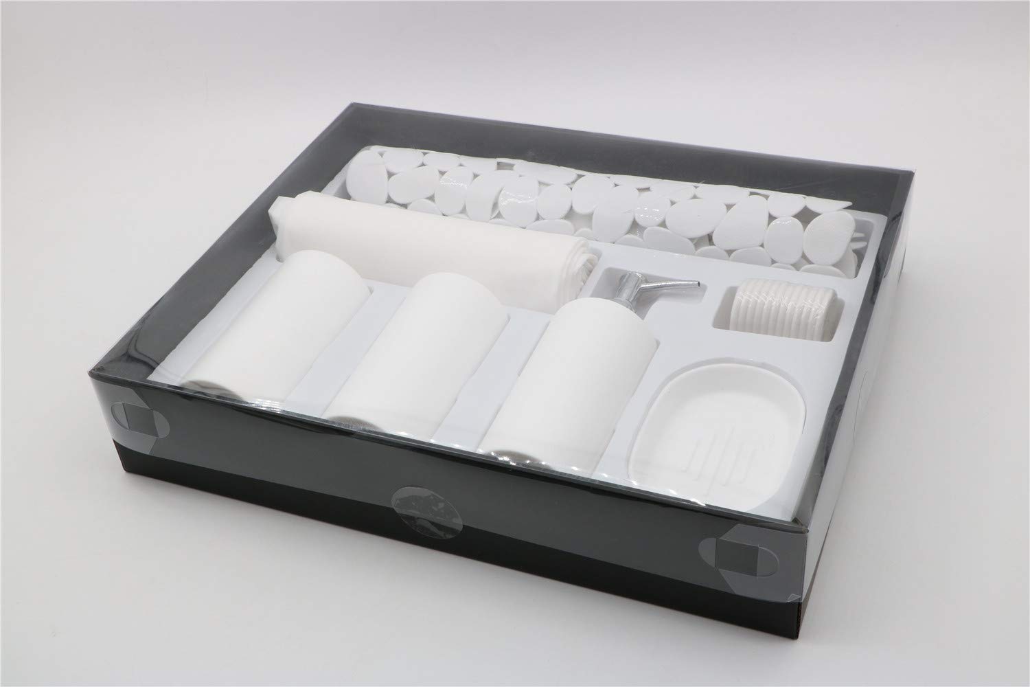 Modern 7-Piece Plastic Bathroom Accessory Set – Soap Dish, Toothbrush Holder, Soap Dispenser, Tumbler, Shower Curtain, Curtain Rings & Bathmat